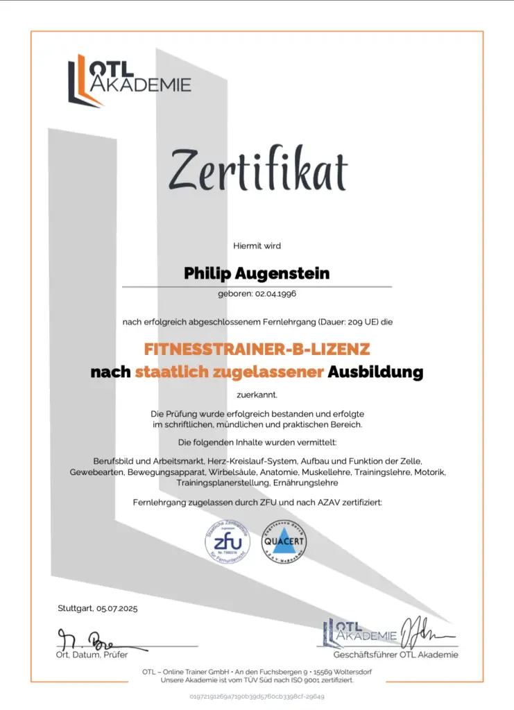 Zertifikat Fitnesstrainer-B-Lizenz der OTL Akademie für Philip Augenstein