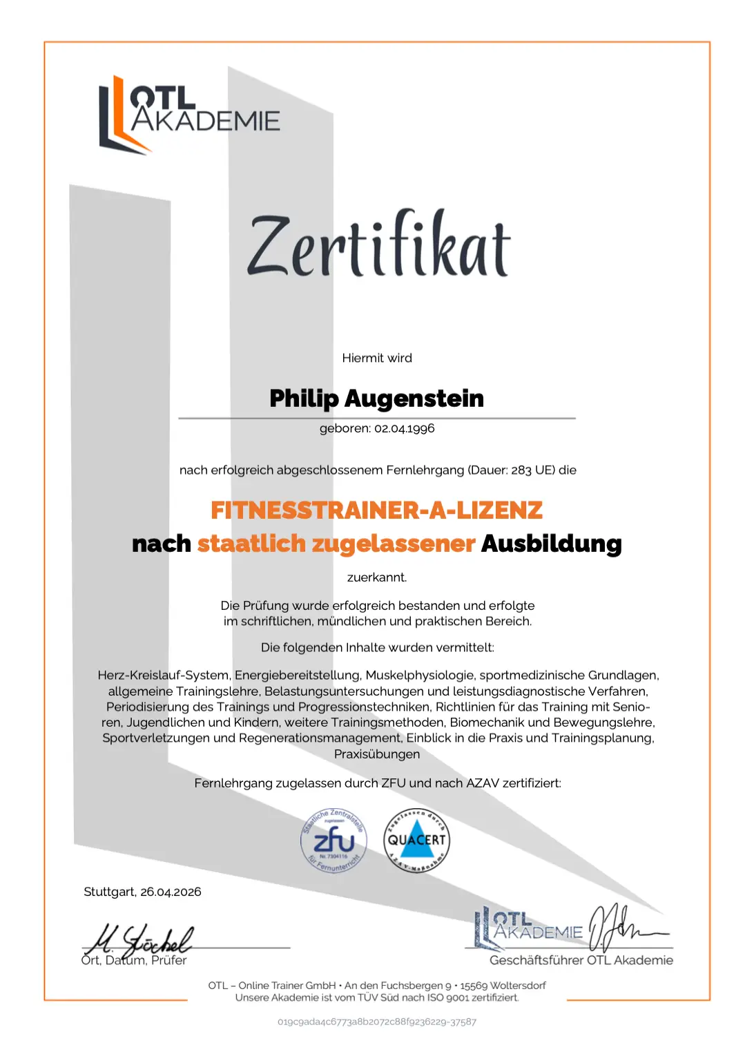 Zertifikat Fitnesstrainer-A-Lizenz der OTL Akademie für Philip Augenstein