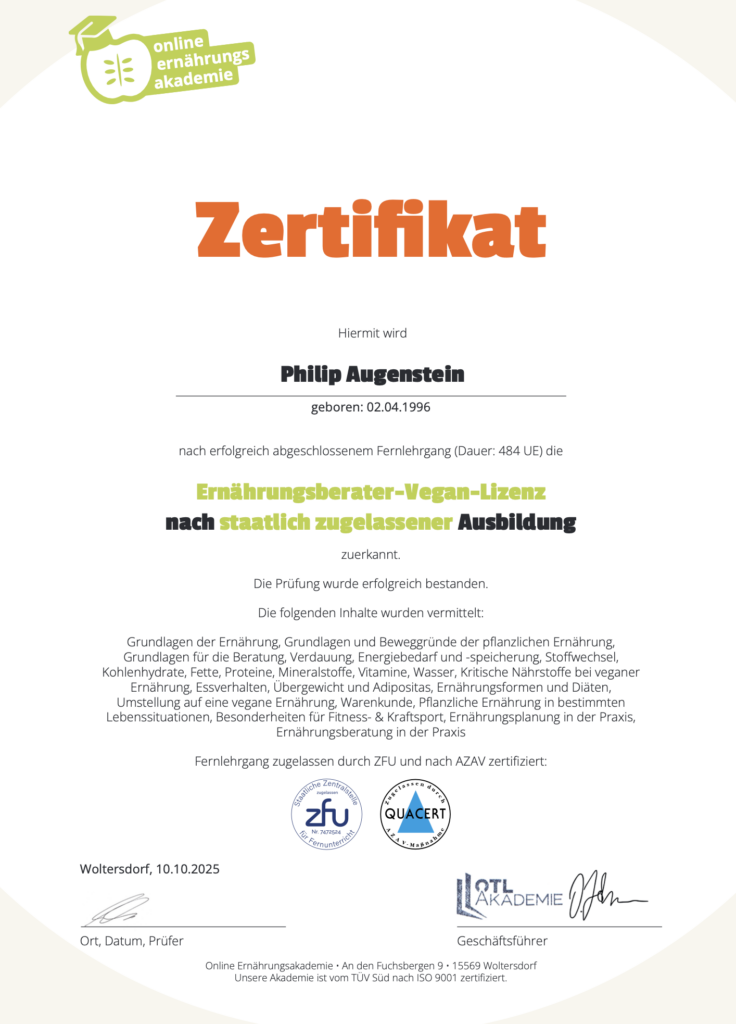 Zertifikat Ernährungsberater-Vegan-Lizenz von Philip Augenstein